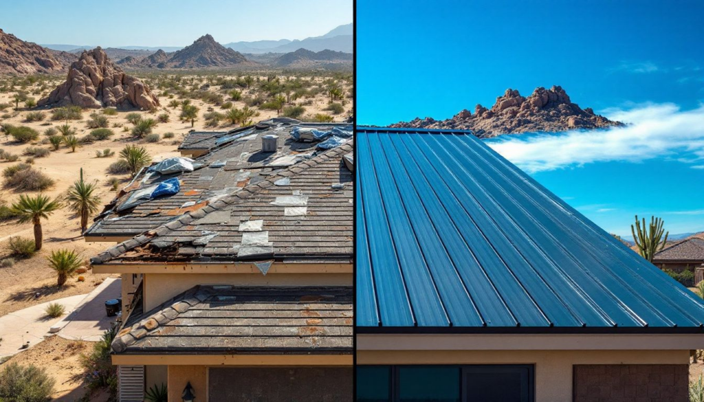 A before and after image showcasing a roof repair service in Arizona.