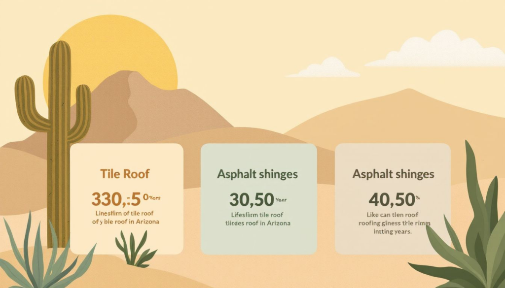 Average lifespan of different roofing materials in Arizona, including tile roofs and asphalt shingles.