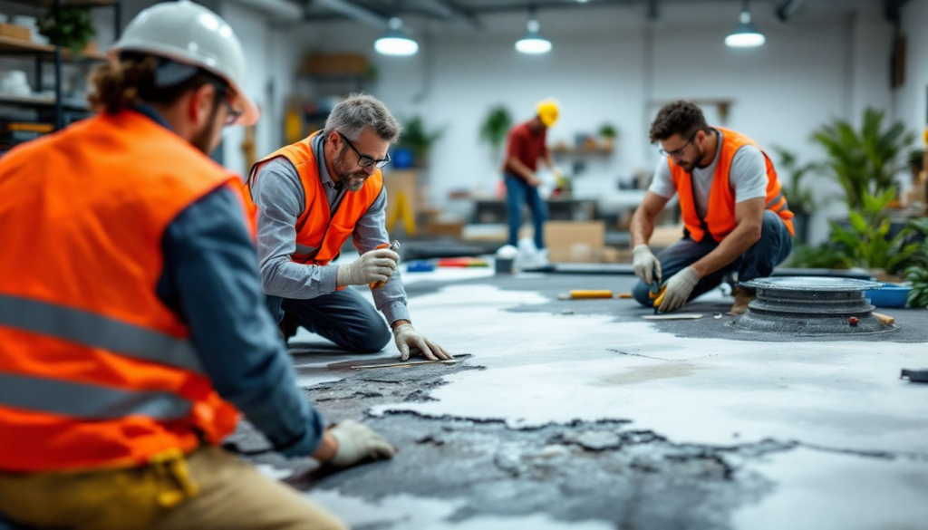 Different types of flat roof repair services being performed.