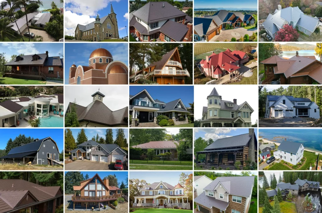 Different types of roofs including flat, sloped, and tiled roofs.