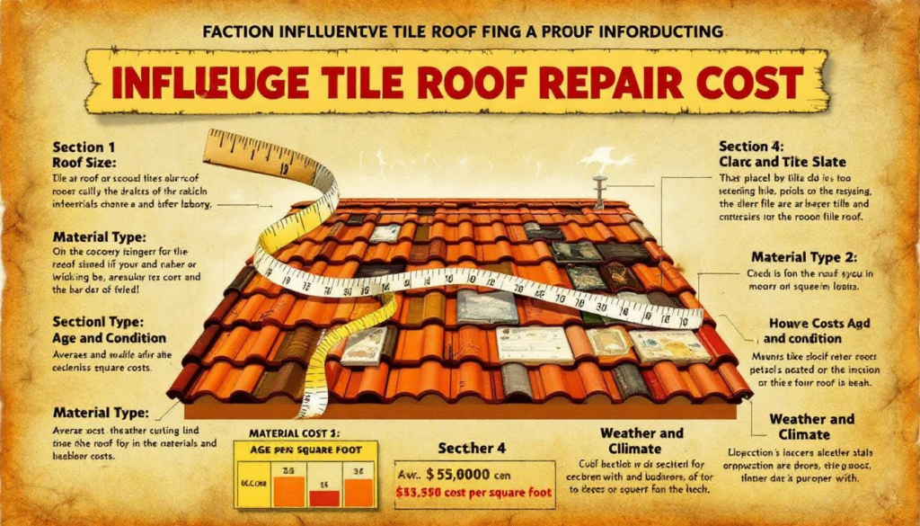An infographic illustrating factors influencing tile roof repair costs, including roof size and material type.