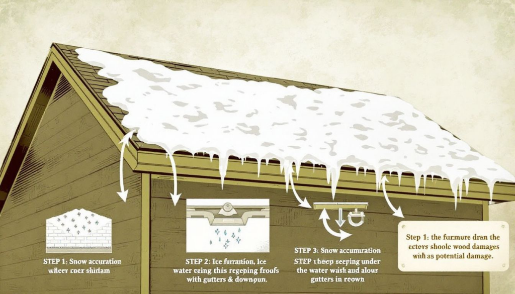 A roof with ice dams forming along the edges, showcasing potential roof damage.