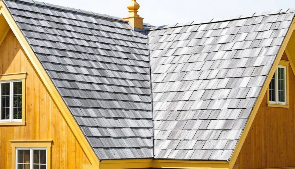 A traditional gable roof showcasing its sloping sides and peak.