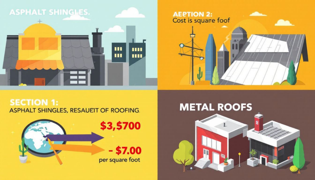 Different types of roofing materials including asphalt shingles and metal roofs, showcasing their costs.