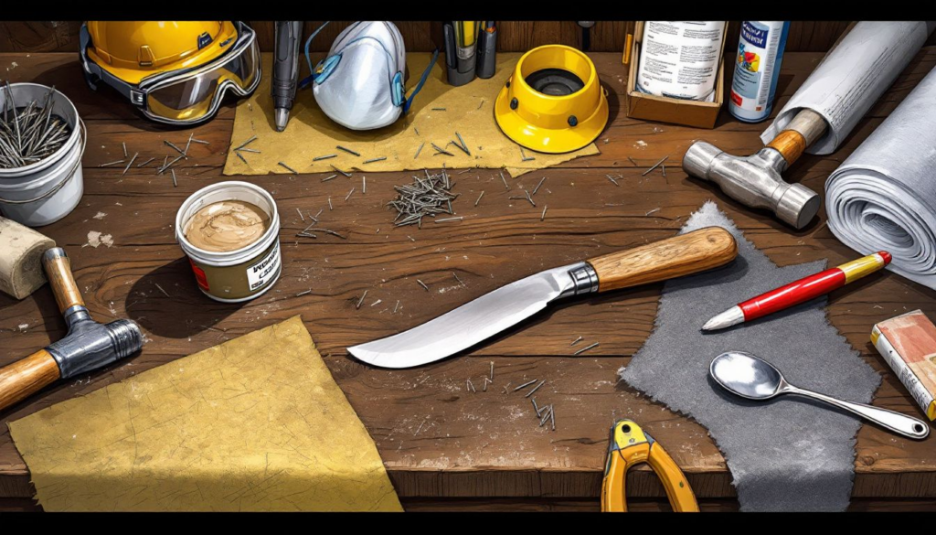 Tools and materials laid out for roof leak repair, including a putty knife and roofing nails.