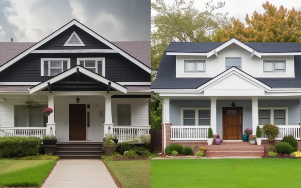 Comparison of gable roof and hip roof styles on two different houses.
