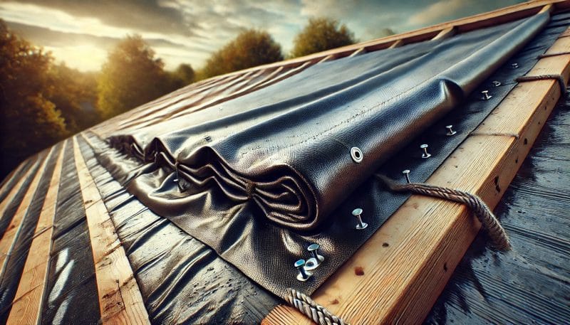 Emergency tarping being applied to a damaged roof