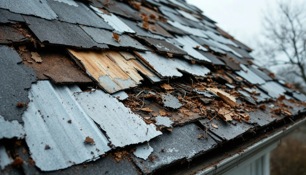 A close-up view of a roof showing signs of storm damage, including cracked and missing shingles.
