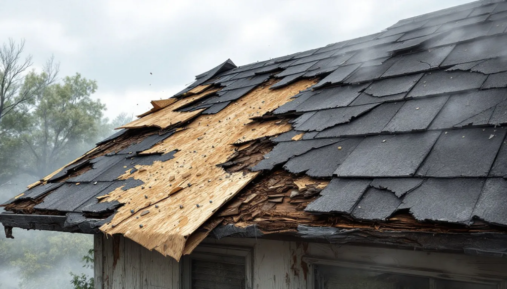 A close-up of damaged shingles that require repair.