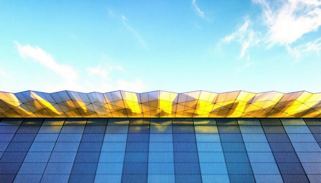 Energy-efficient metal roofs reflecting sunlight.