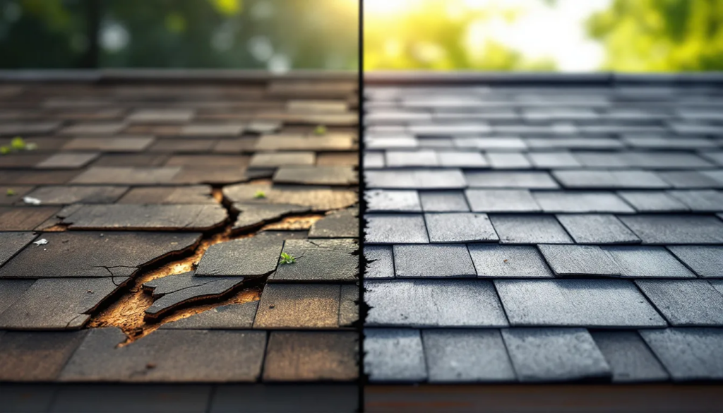 A comparison image showing a roof in need of repairs versus a newly replaced roof.