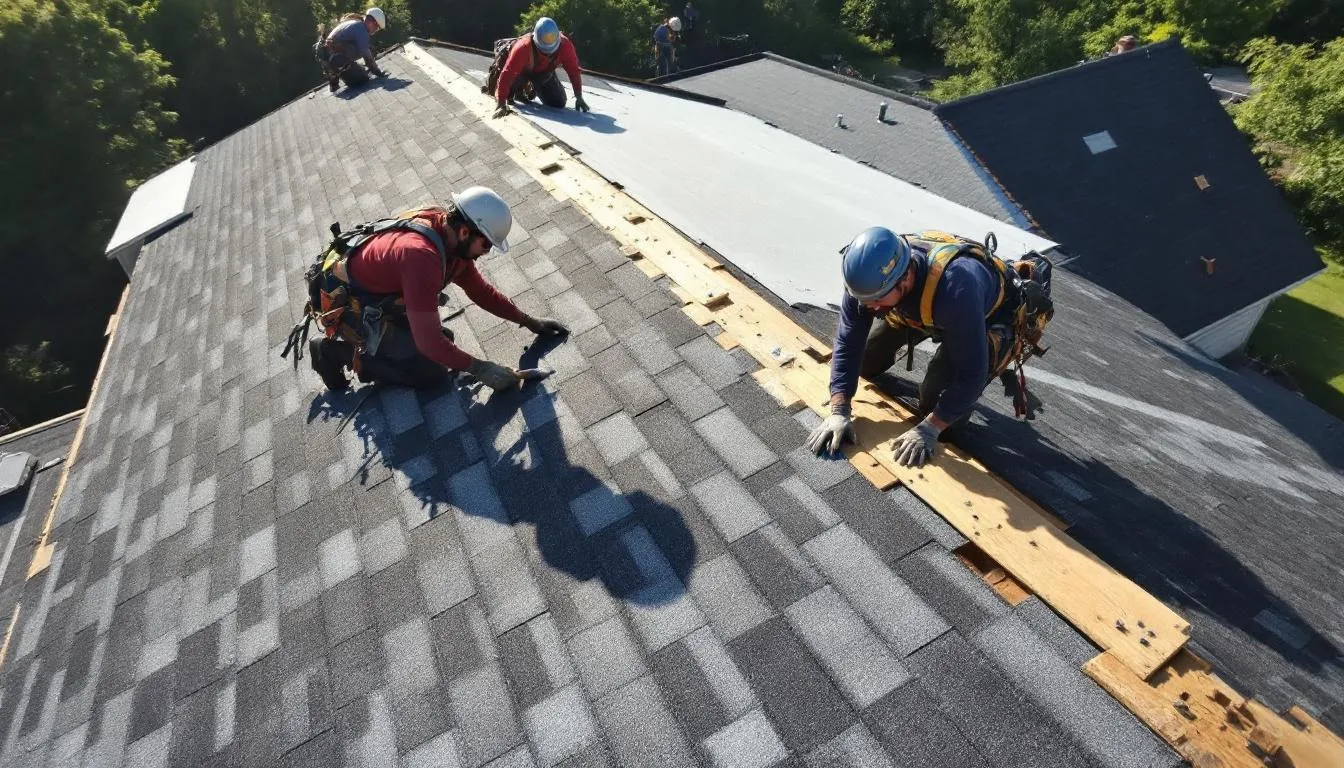 Workers installing new shingles on a roof, showcasing the roof installation process.