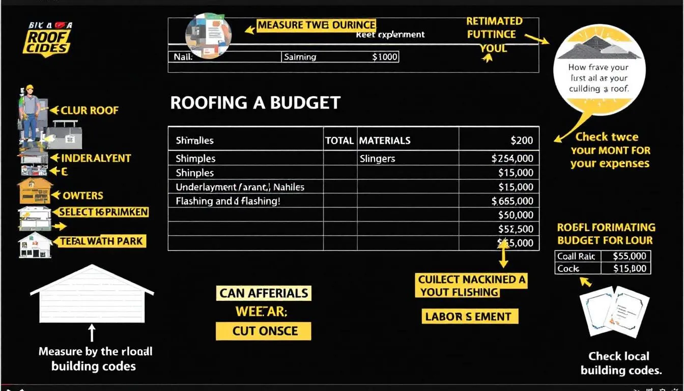 A budget sheet with roofing materials and costs listed, representing the budgeting for a roof replacement project.