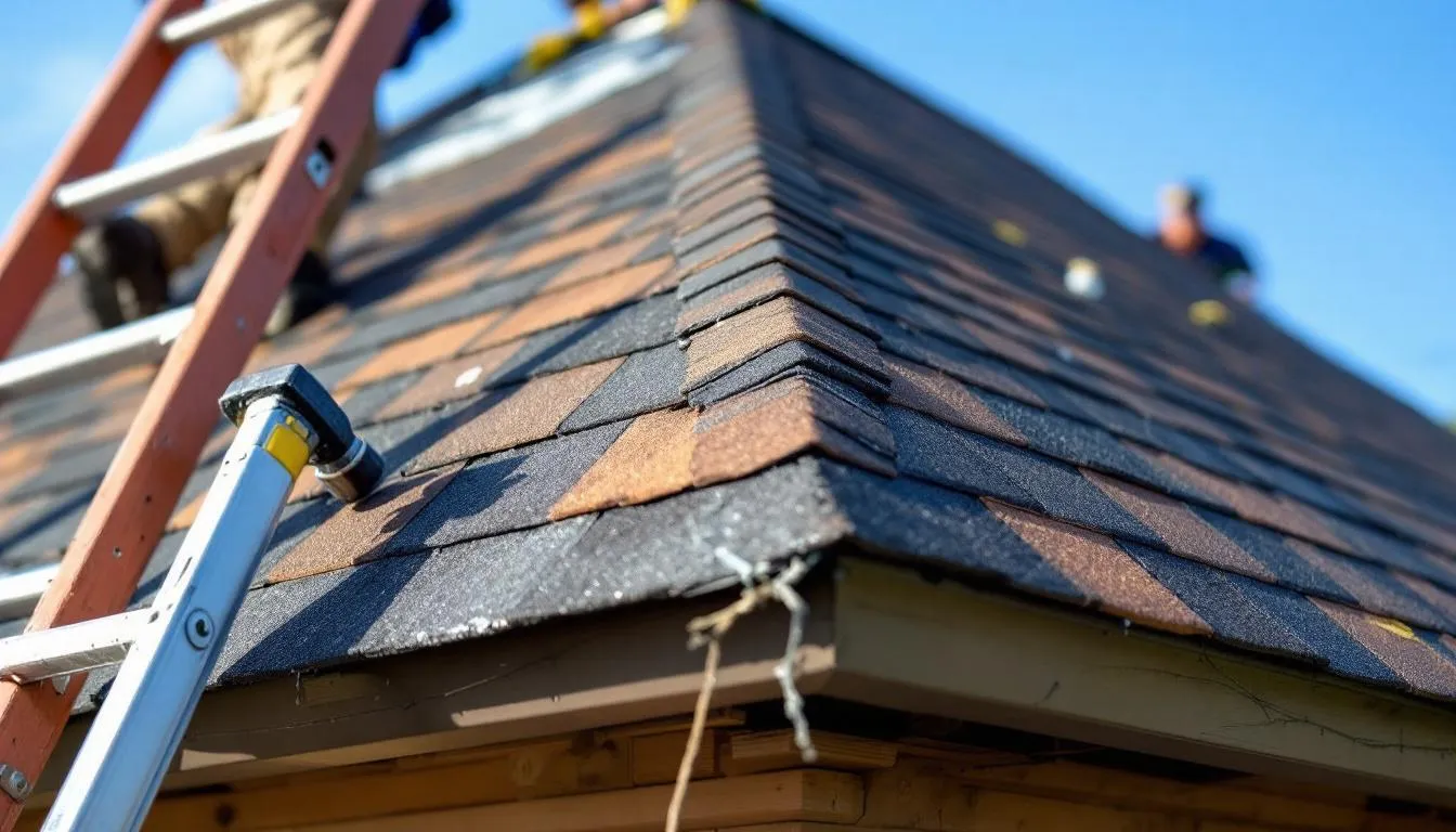 New ridge cap shingles being added to a roof, highlighting the finishing touches of a roof replacement.