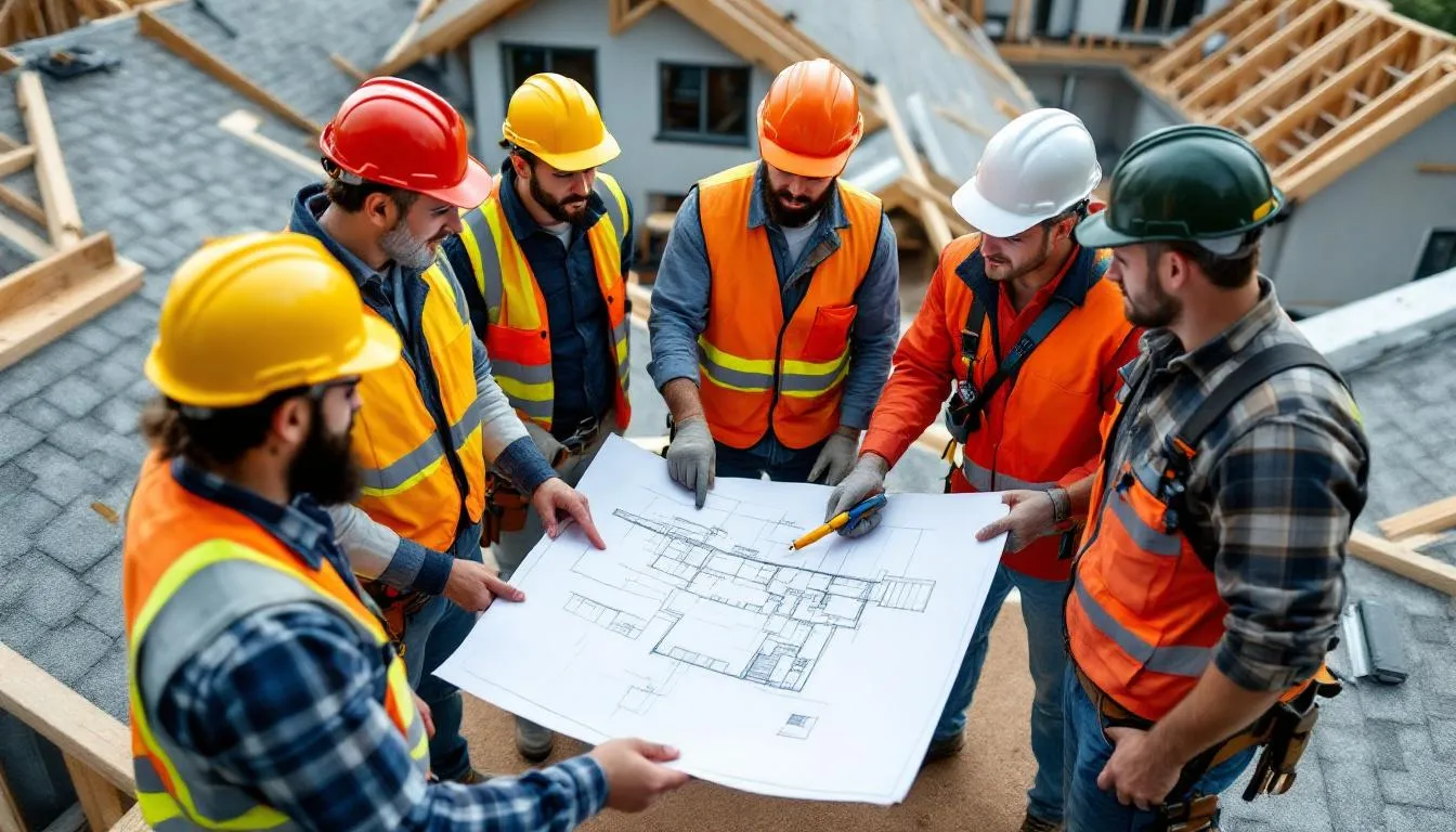 A group of roofing contractors discussing plans, emphasizing the importance of choosing the right roofing contractor.
