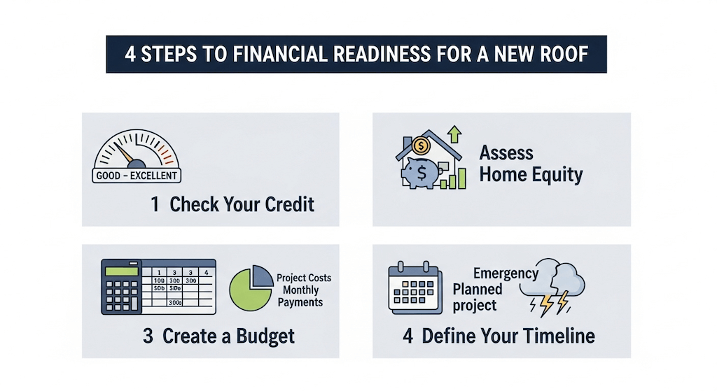 Assess these four key areas to determine your financial readiness before seeking a loan for your new roof. Assess these four key areas to determine your financial readiness before seeking a loan for your new roof.