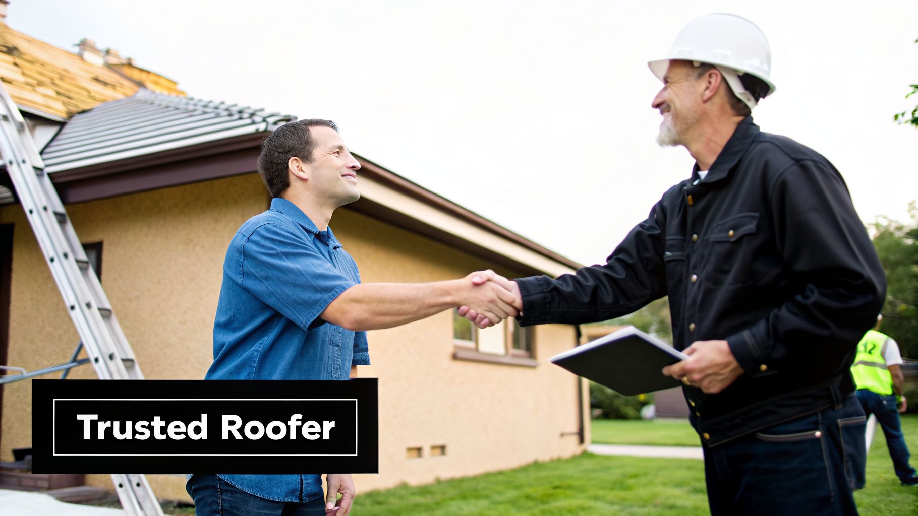 Two men, one a roofer in a hard hat and the other a homeowner, shake hands outside a house with a new roof.