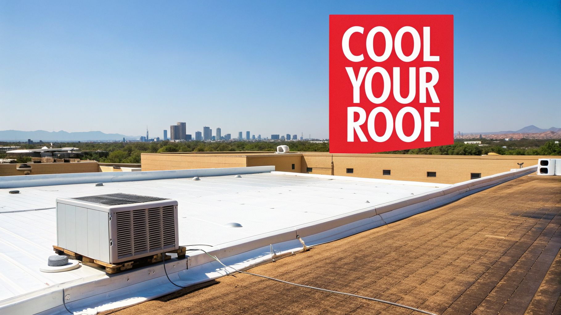 A commercial flat roof with an HVAC unit, a 'COOL YOUR ROOF' sign, and a city skyline.