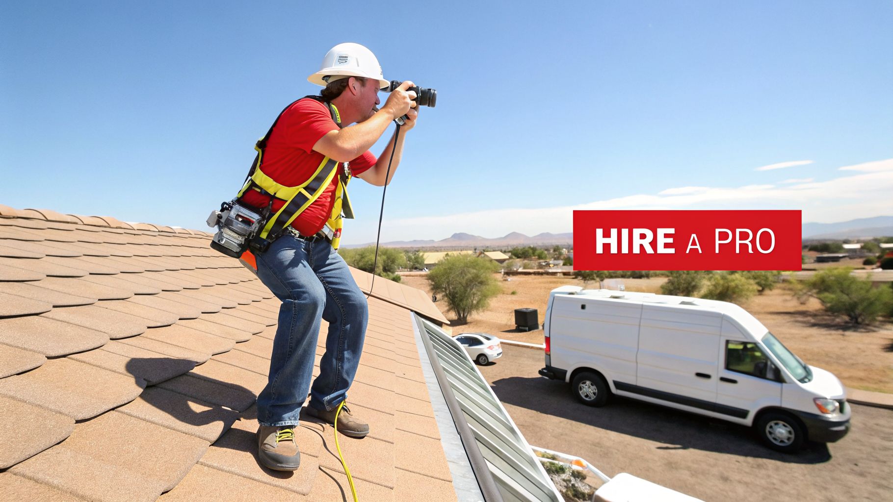 A professional roof inspector in a hard hat and safety harness photographs a residential shingle roof.