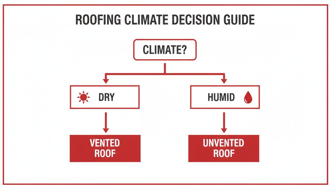 Flowchart guide for roofing climate decisions: dry climates suggest vented roofs, humid climates suggest unvented roofs.