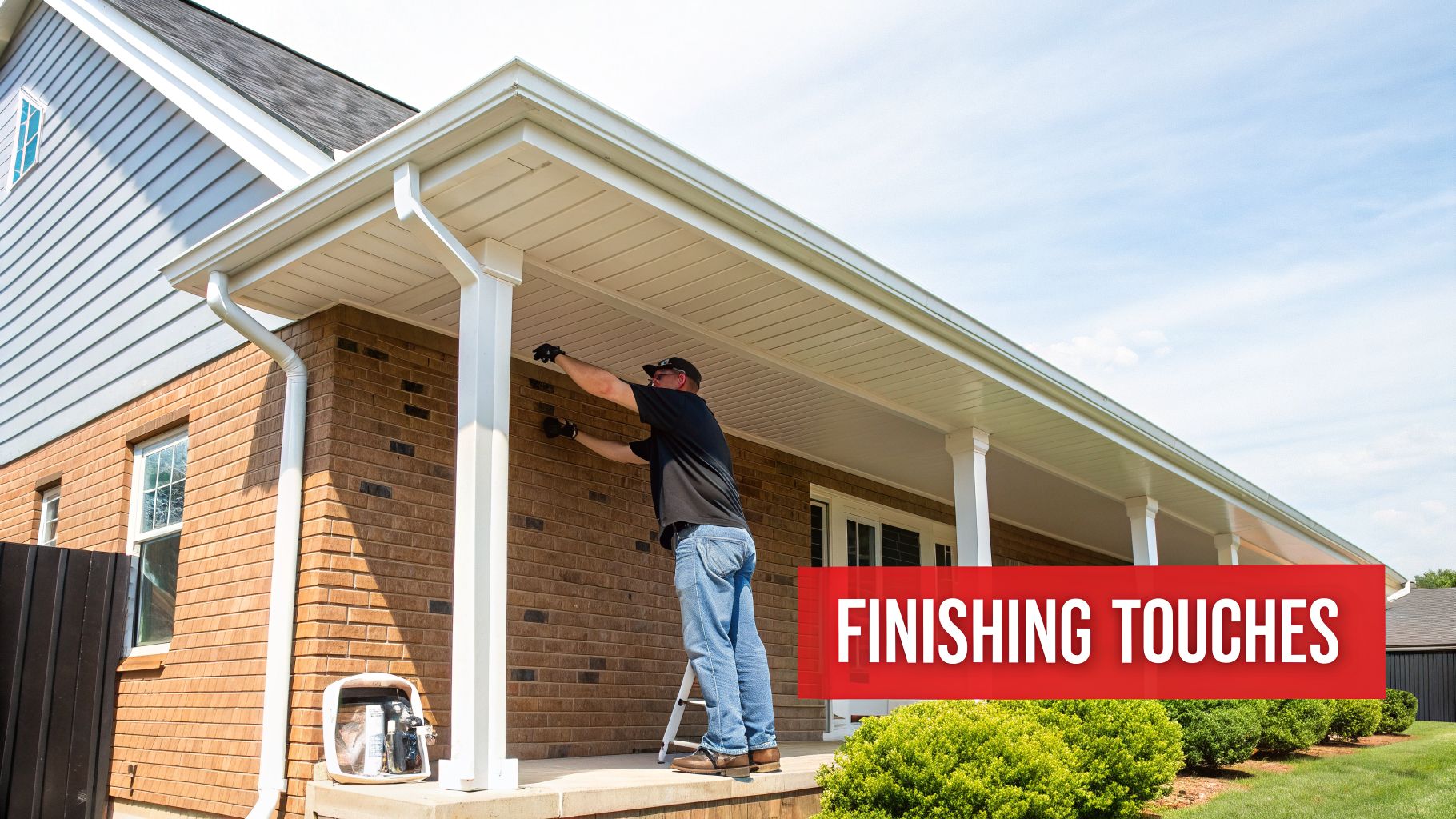 A man on a ladder performing finishing touches on the white soffit of a house porch.