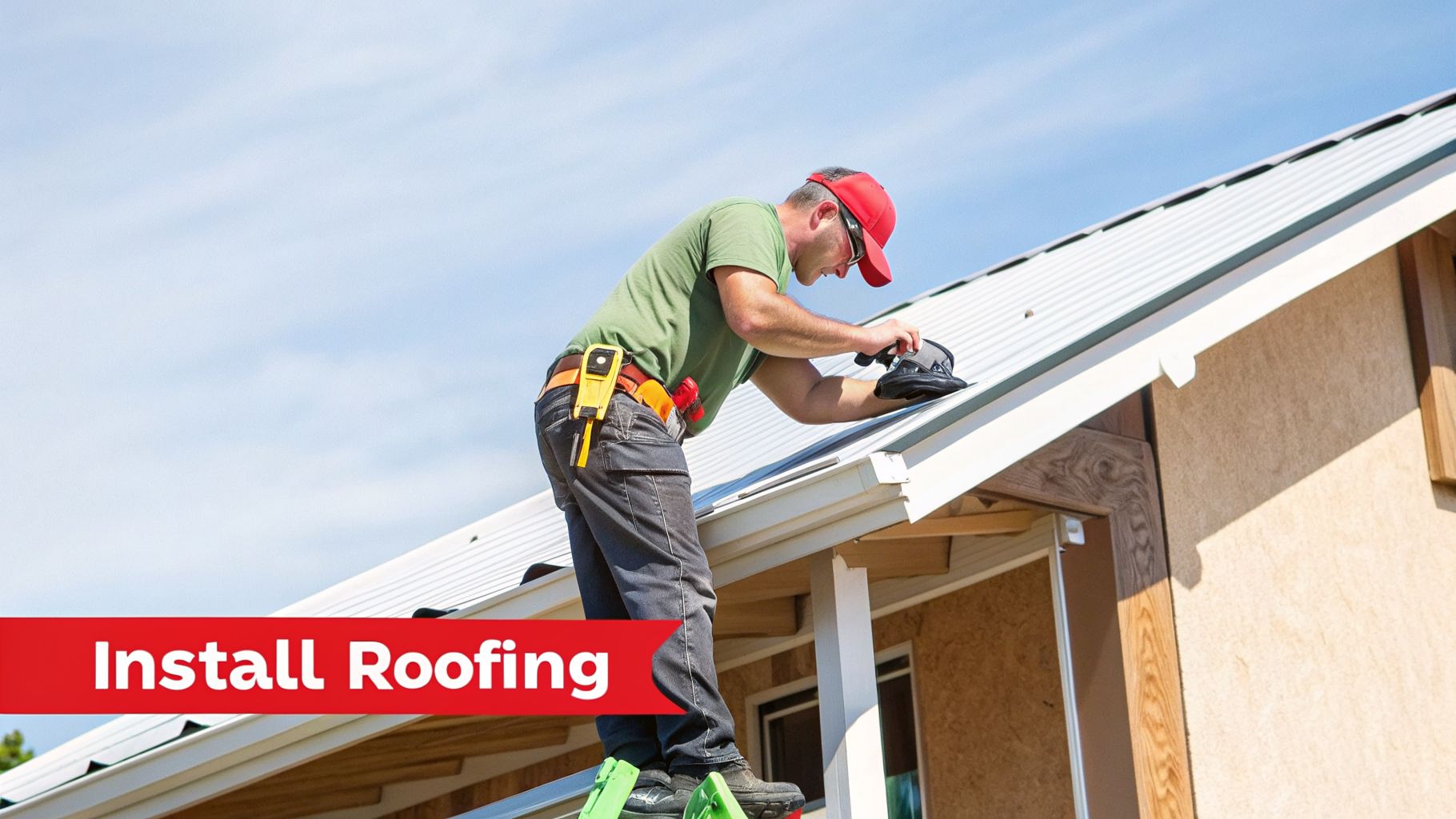 A roofer in a red cap on a ladder installing a metal roof on a house.