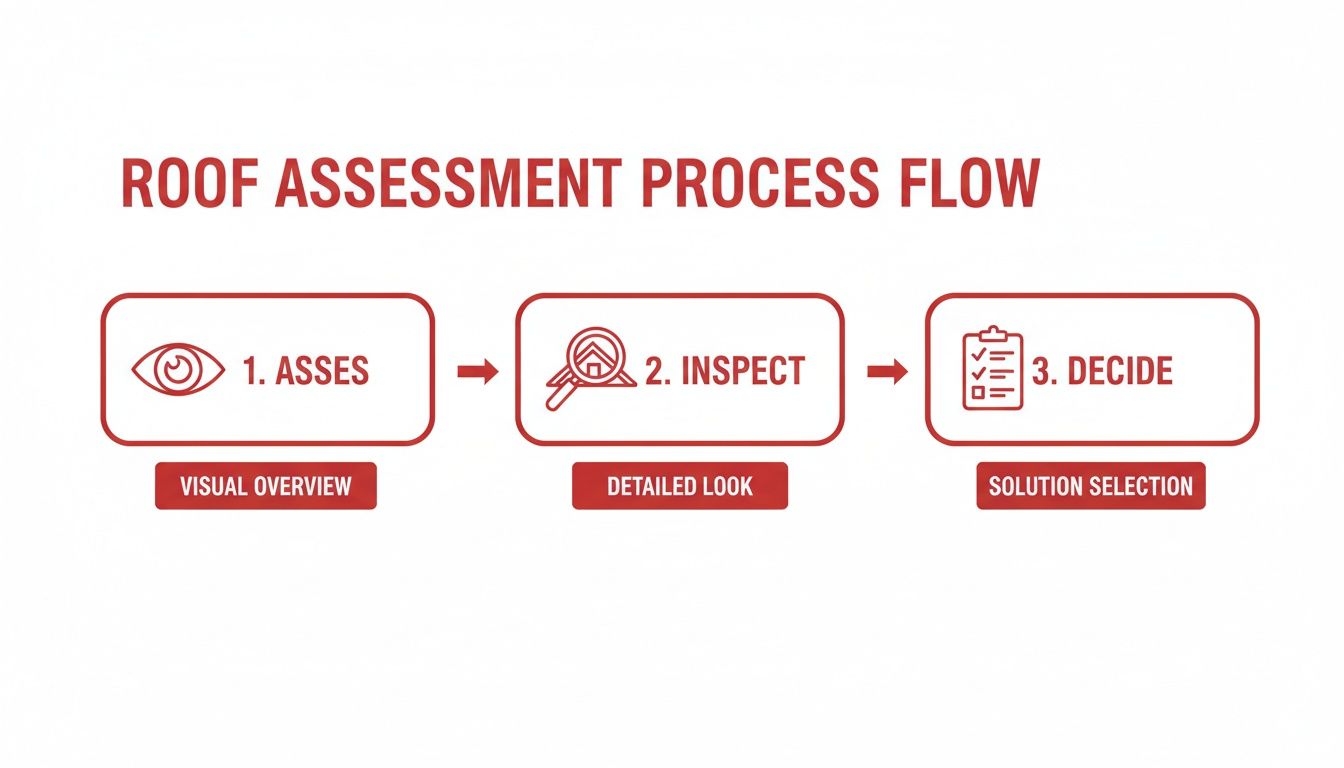A process flow for roof assessment showing three steps: visual overview, detailed inspection, and solution selection.