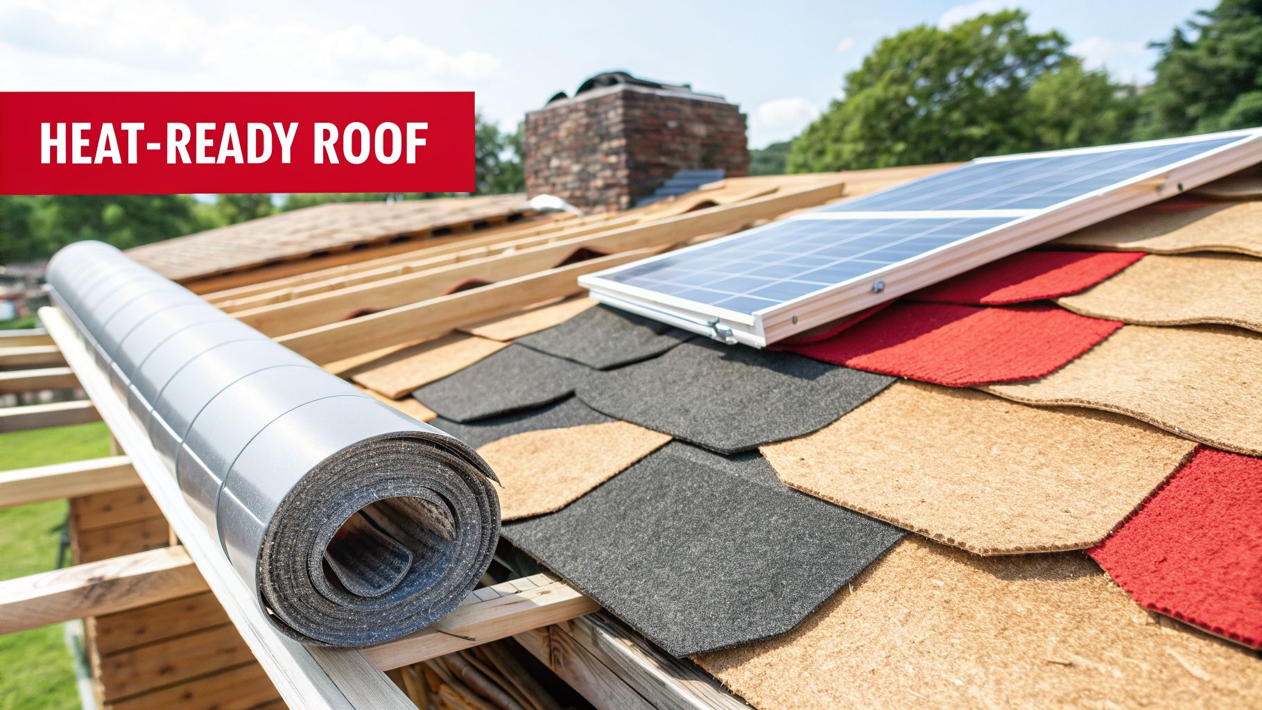 Close-up of a new roof installation showing colorful shingles, a solar panel, and roofing material.