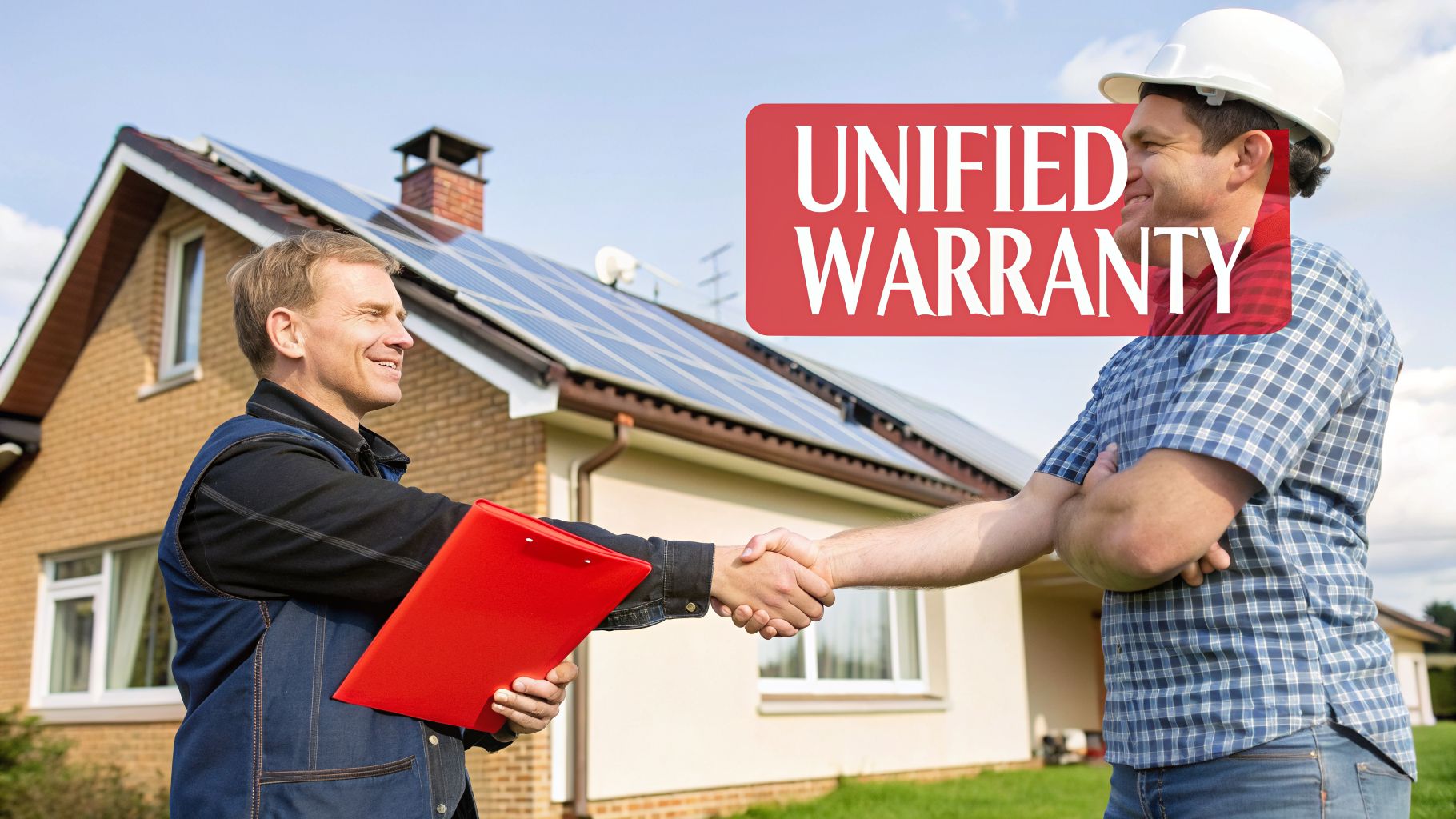 Two men, one in a hard hat, shake hands in front of a house with solar panels and a 'UNIFIED WARRANTY' sign.