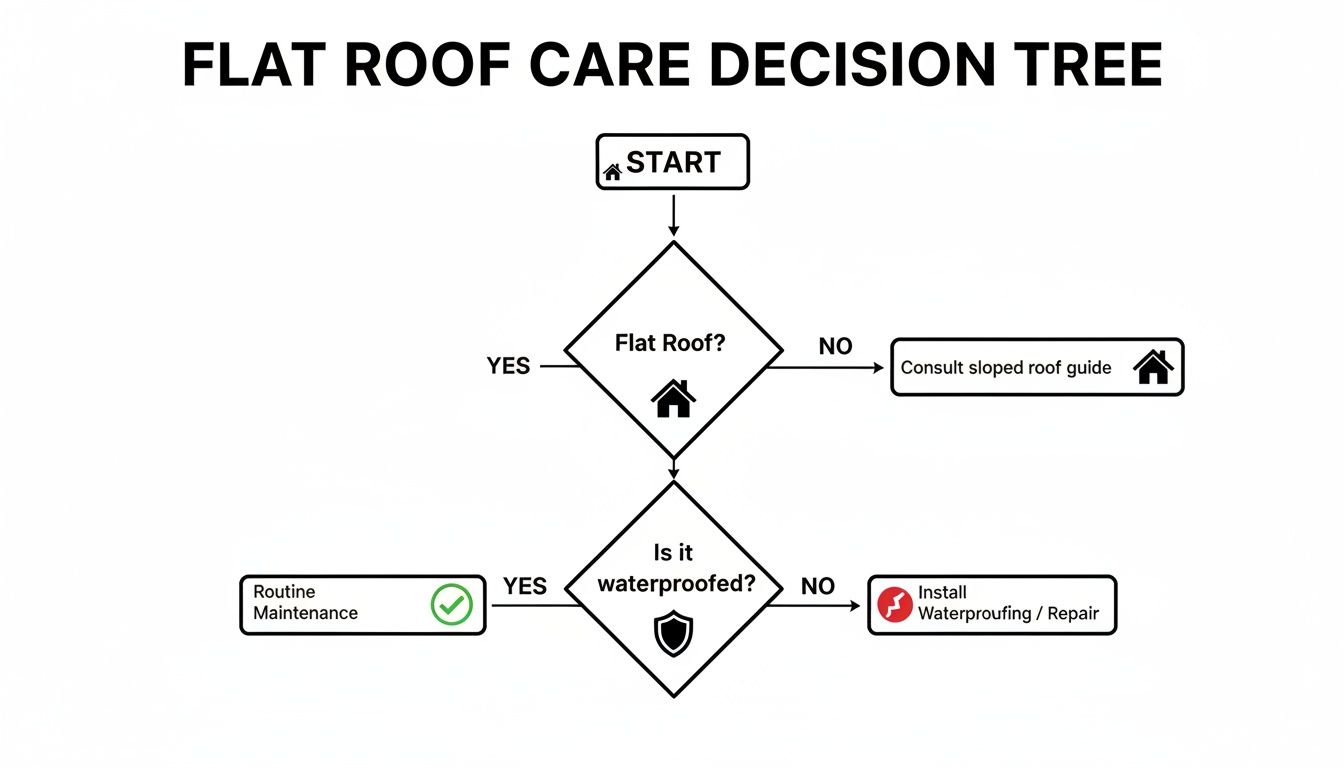 A decision tree flowchart illustrating the process for flat roof care, including waterproofing and maintenance.