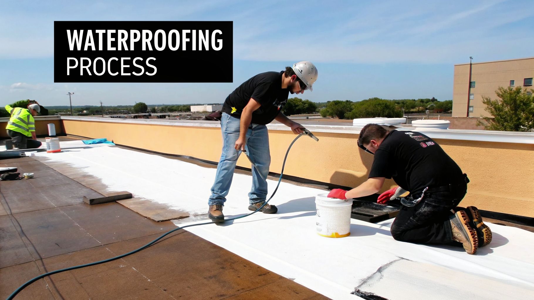 Three workers applying white waterproofing coating to a flat roof under a blue sky.