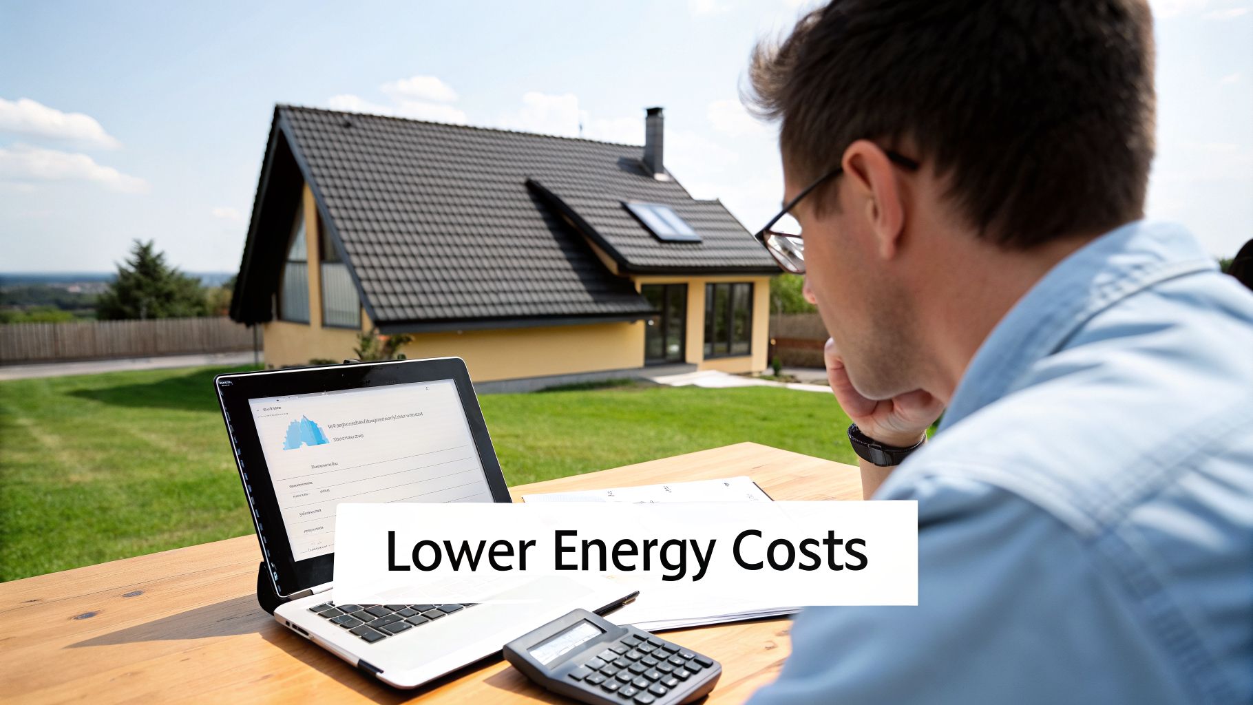 Man analyzing energy data on a laptop with a calculator, aiming for lower energy costs for his modern house.