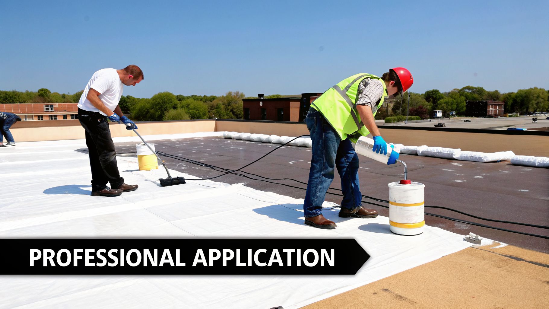Two professional roofers applying a white elastomeric coating to a flat commercial rooftop.