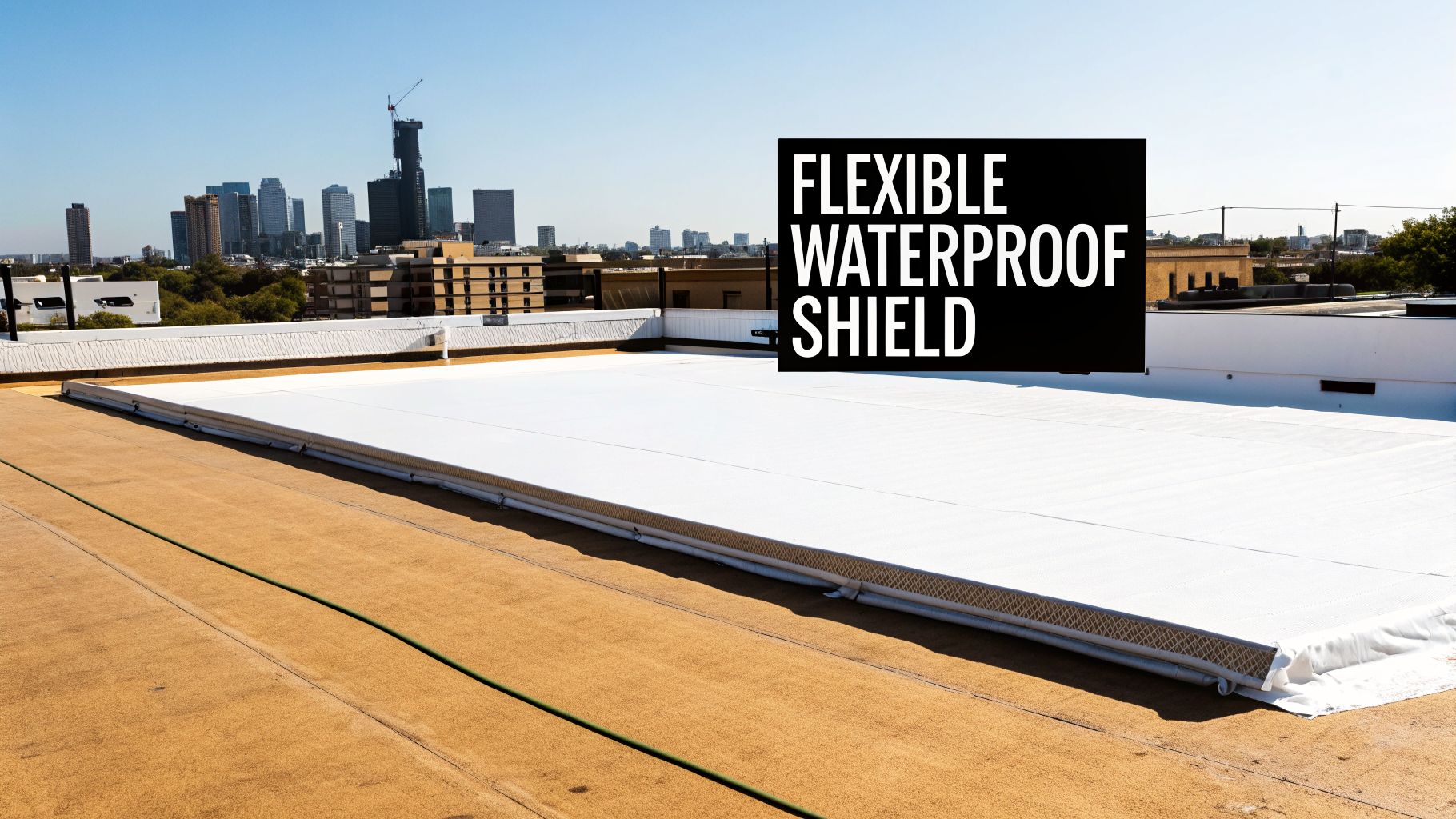 Flexible white waterproof shield installed on a commercial rooftop with a city skyline.