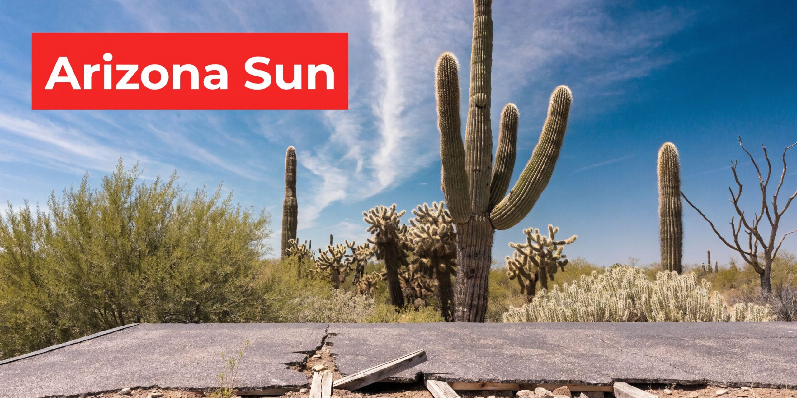 A scenic view of a desert landscape with large saguaro cacti under a bright blue sunny sky.