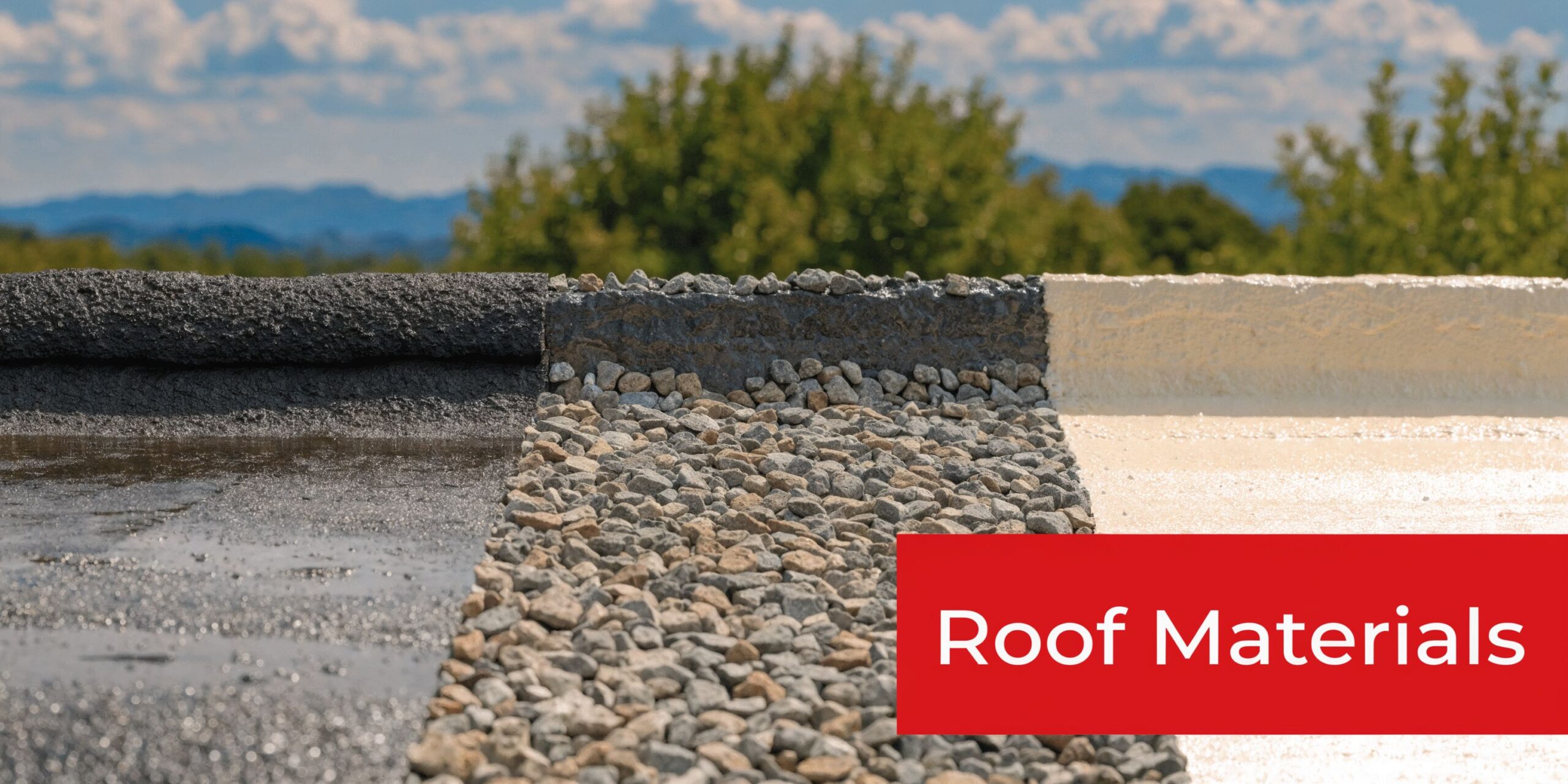 A close-up view showing three different types of flat roof materials, including gravel, asphalt, and foam coating.