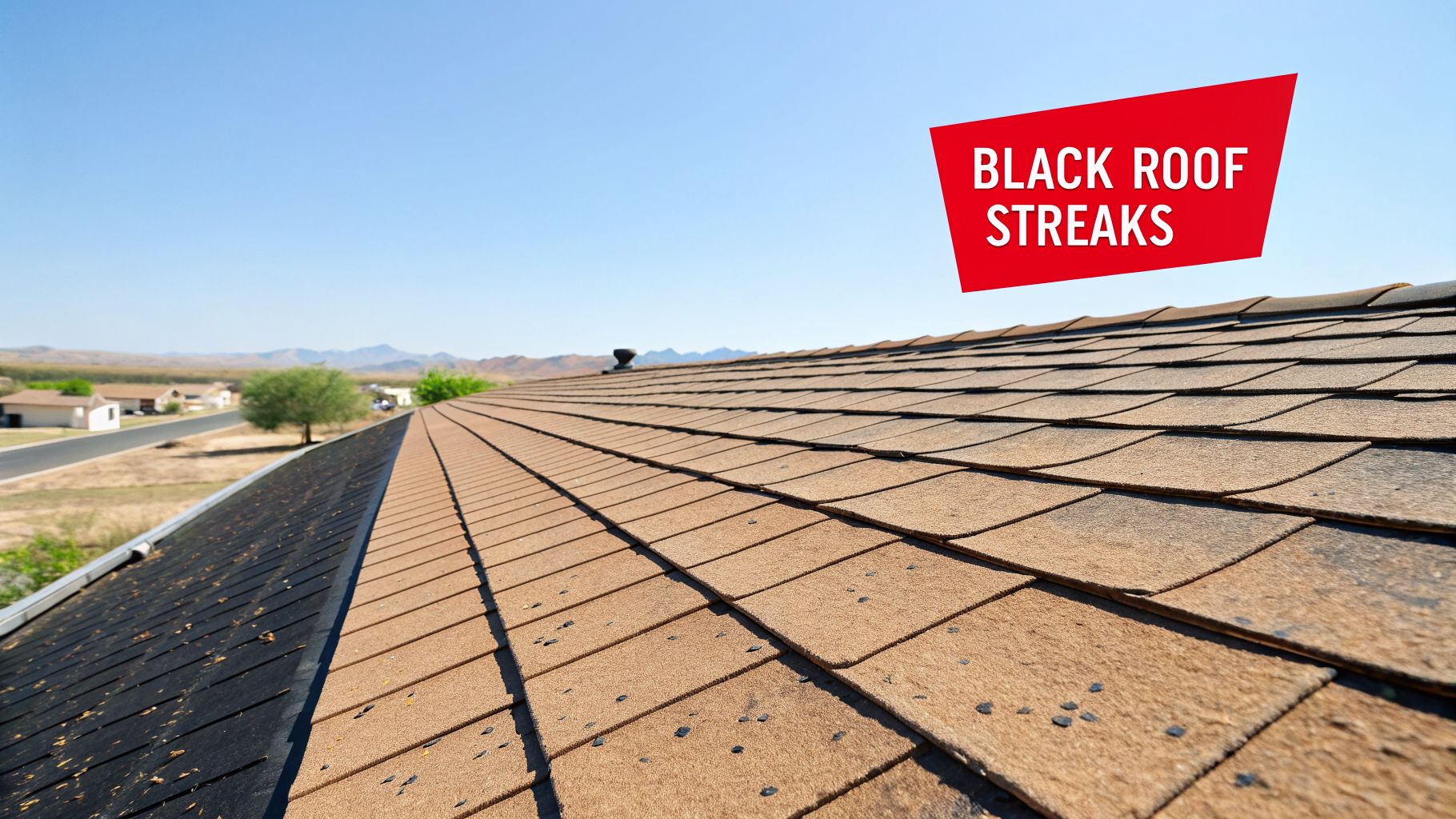 A brown shingle roof shows significant black streaking and spots, with a clear blue sky.