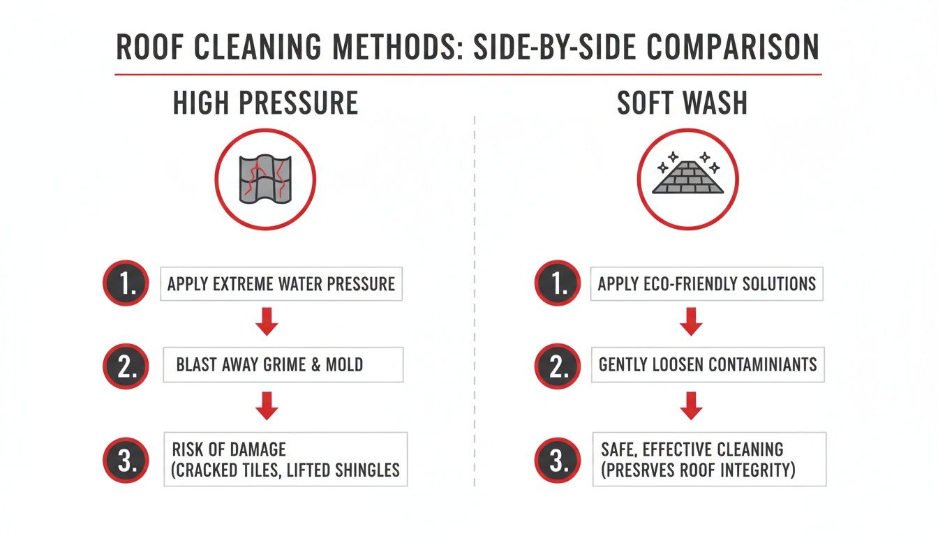 A side-by-side comparison of high pressure vs. soft wash roof cleaning methods, highlighting safety and damage risks.