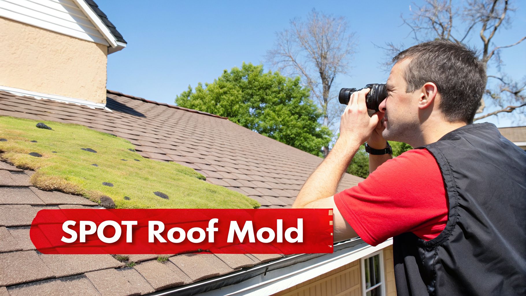 A man inspects a residential roof covered in green moss with a camera on a clear day.
