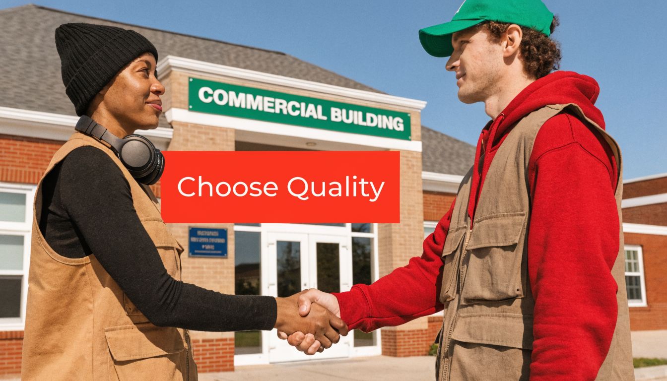 A professional construction worker and a client shaking hands outside of a commercial office building.