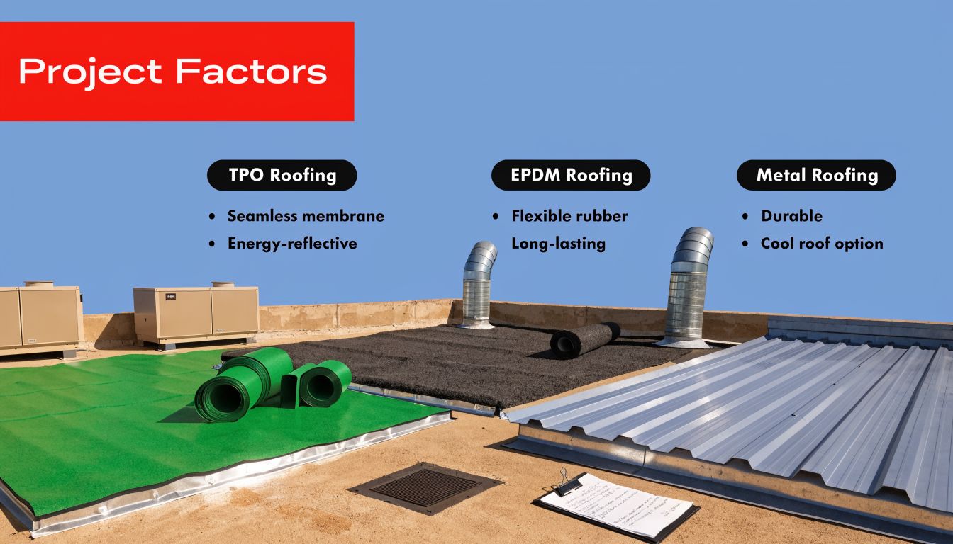 A flat rooftop showcasing three different roofing material samples including TPO, EPDM, and metal roofing types.