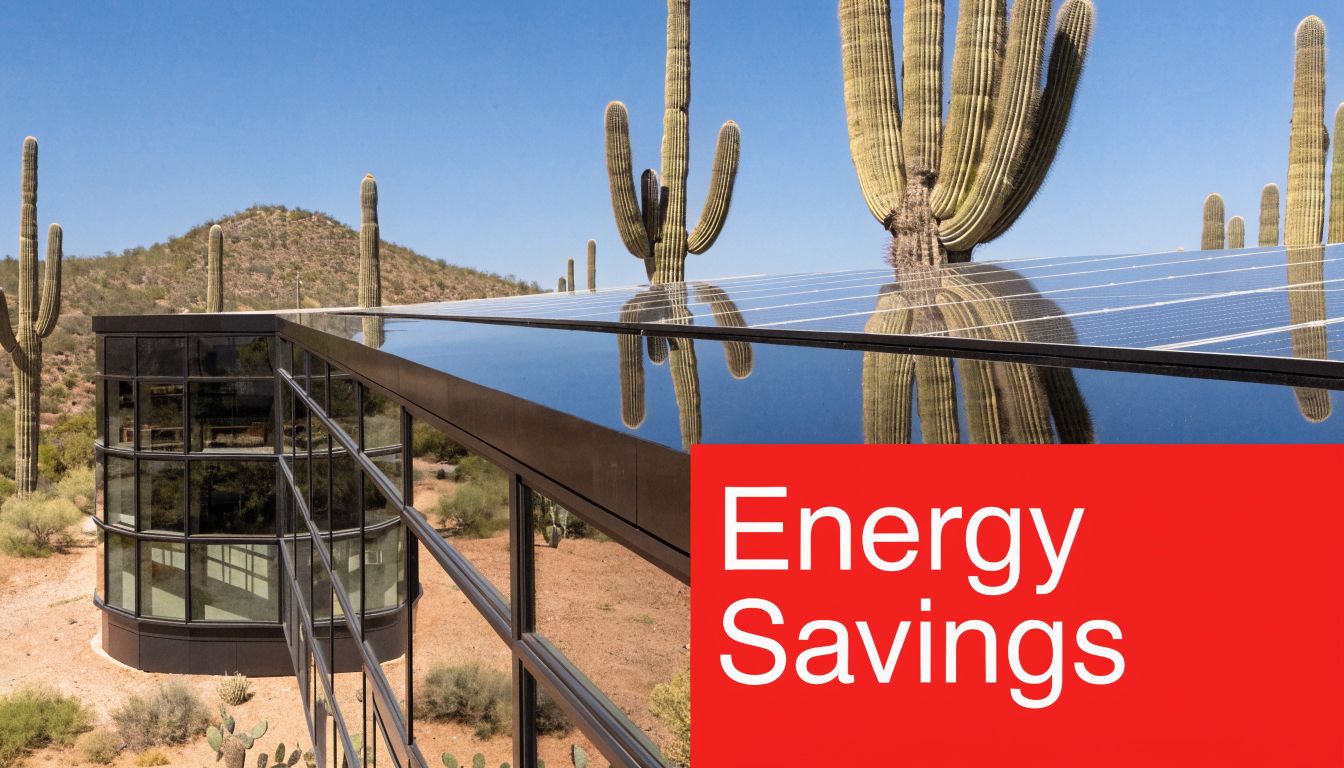 A modern building in a desert landscape with solar panels on the roof and large glass windows.