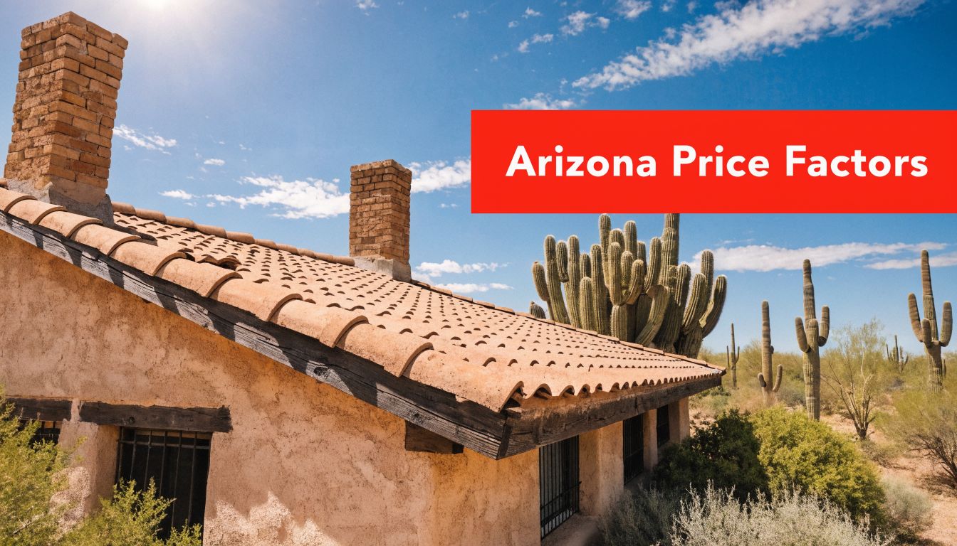 A rustic adobe house with a tiled roof sits in the Arizona desert with saguaro cacti nearby.