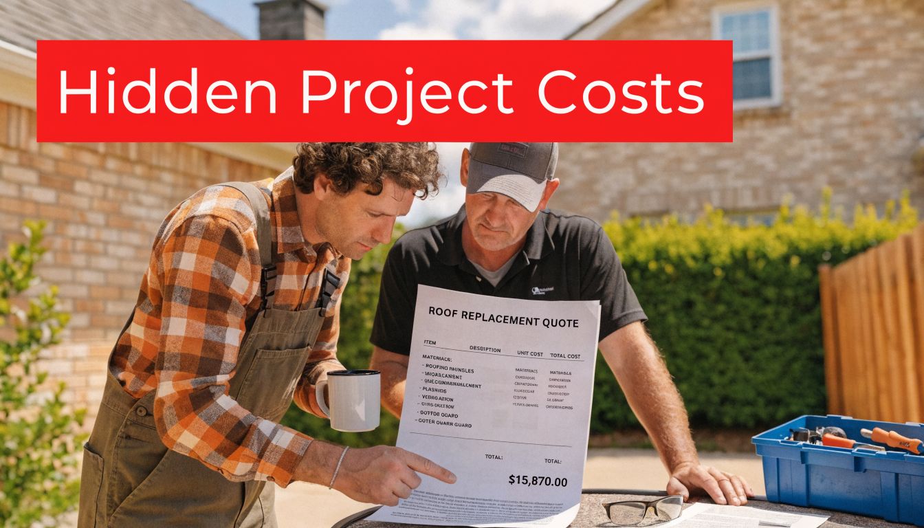 A construction worker and a homeowner reviewing a roof replacement quote document outdoors.