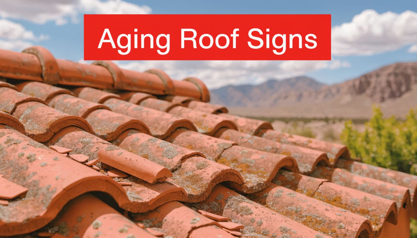 Close up of weathered clay roof tiles covered in moss with desert mountains in the background