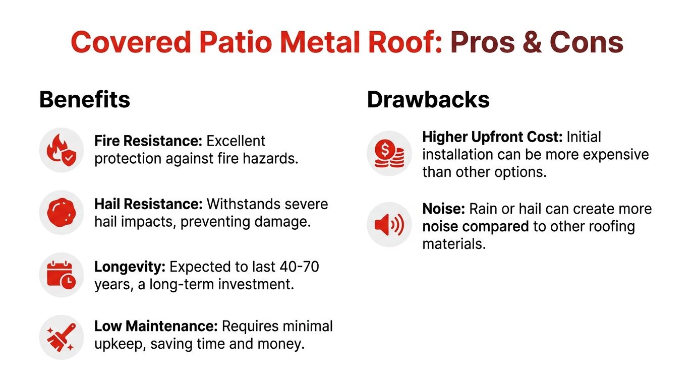 A pros and cons infographic highlighting the benefits and drawbacks of installing a metal roof on a covered patio.