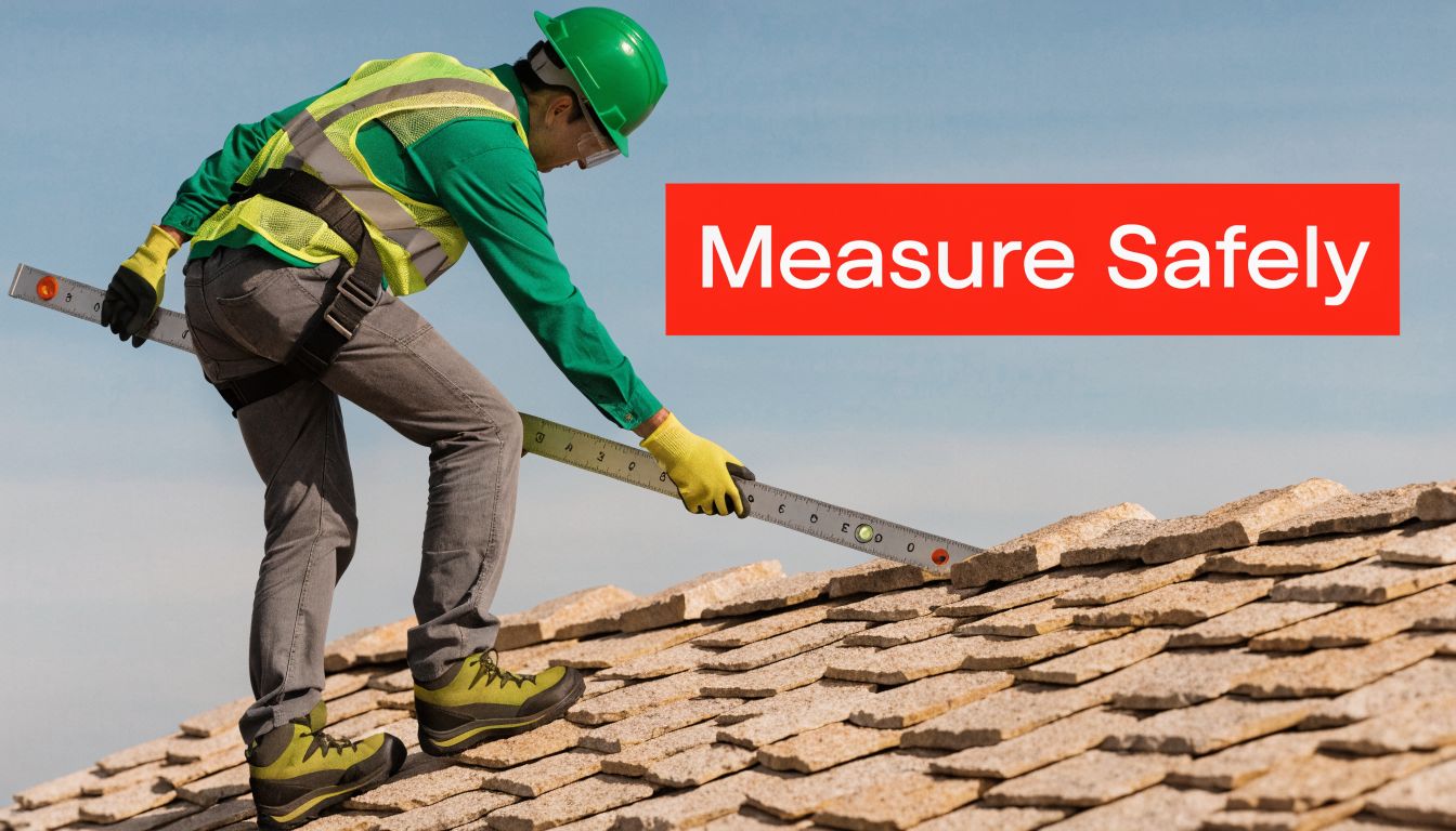 A construction worker in safety gear stands on a tiled roof using a long metal level.