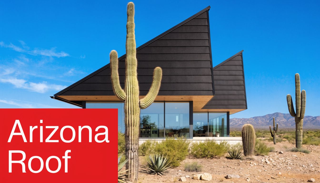 A modern architectural home with a distinctive peaked roof design in the middle of the Arizona desert.