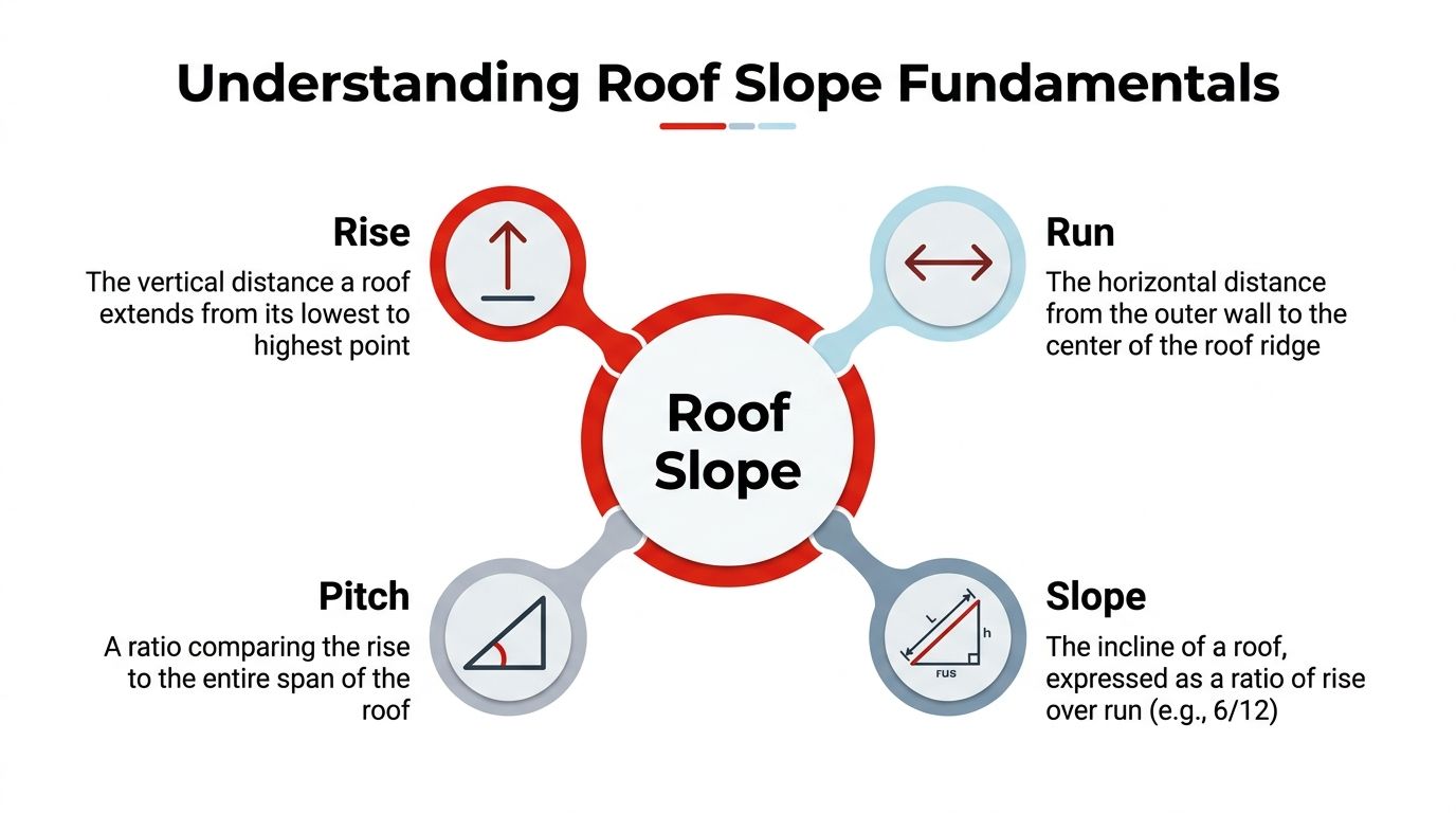 A diagram explaining roof slope fundamentals, defining key terms including rise, run, pitch, and roof slope.