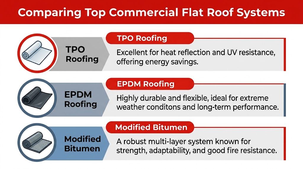 A comparison chart explaining the benefits of TPO, EPDM, and Modified Bitumen commercial flat roof systems.